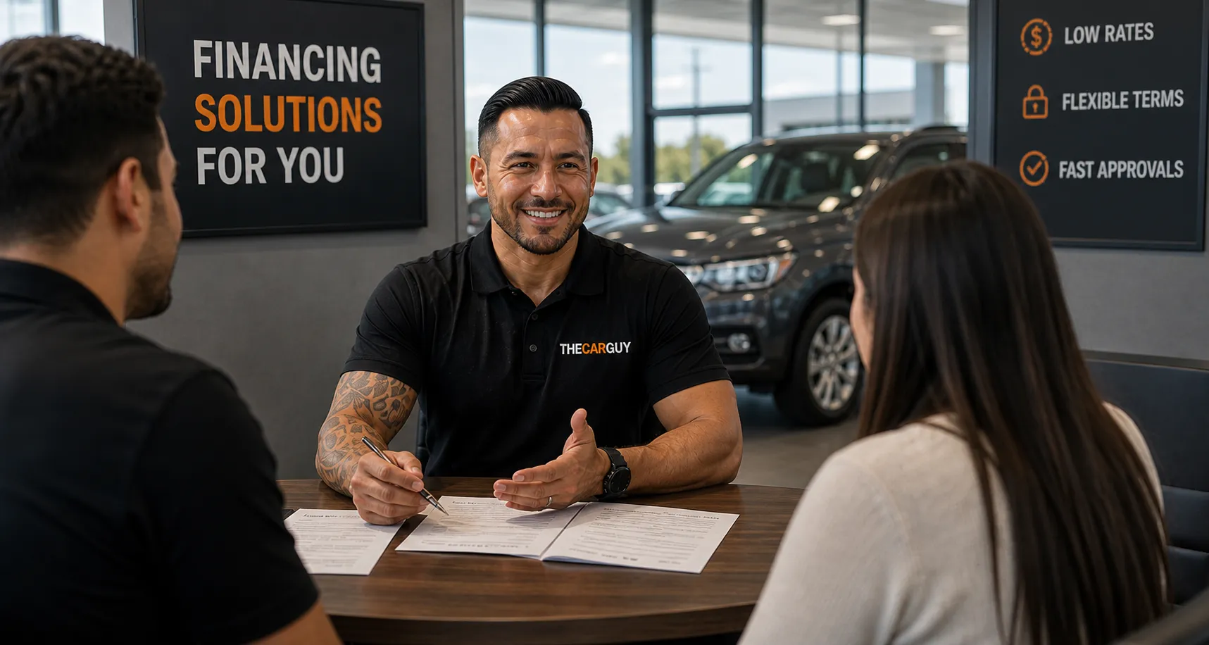 A salesperson meets with customers at a desk in the bright showroom with financing signage visible.